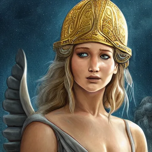 Prompt: Jennifer Lawrence as ancient greek woman in golden helmet, giant grey-haired bearded male face in the sky, epic fantasy style art, fantasy epic digital art