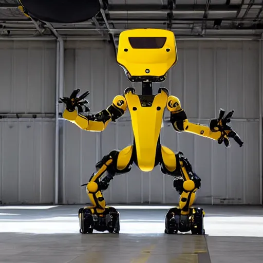 Image similar to atlas robot, boston dynamics atlas, atlas and spot, spot robot dog, humanoid robot, robot dog, yellow robot dog, boston dynamics, 2 0 2 2 promo image