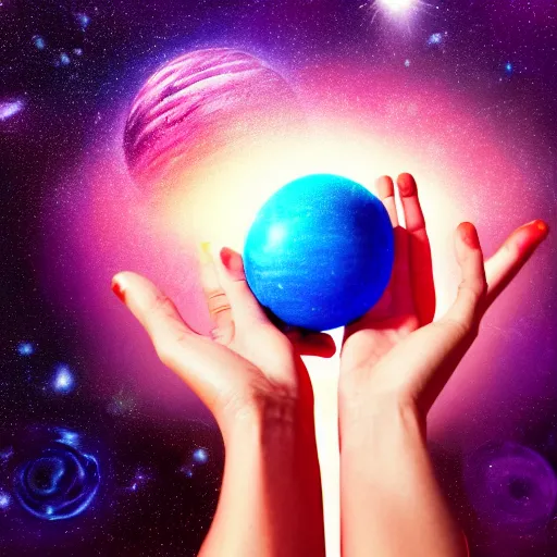 Prompt: yoga instructor holding a planet in her hands in space, trending on art station, cinematic shot, magical vibrant colors and atmosphere, 8 k