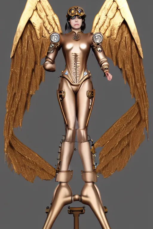 Prompt: Steampunk Angel, mechanical wings, gear halo, empty eyes, metallic bronze skin, golden tech robes, female looking, steampunk fantasy, extremely detailed, trending on artstation, realistic proportions