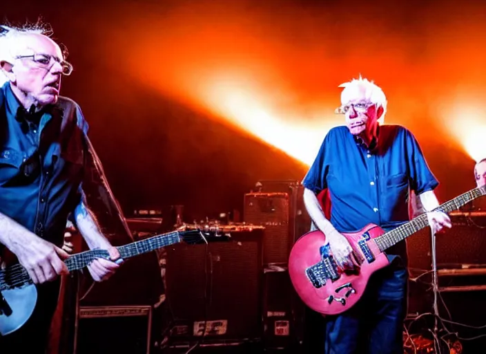 Image similar to publicity photo still of bernie sanders in a death metal band playing live on stage, 8 k, live concert lighting, mid shot