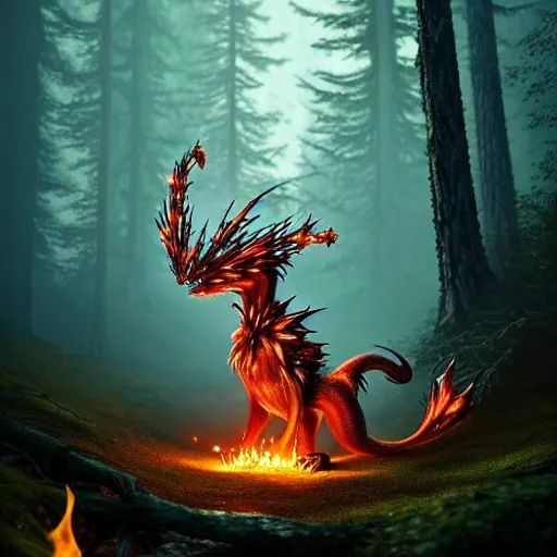 Prompt: ( fire pokemon ) creature creature in a alaskan forest, : : by michal karcz, daniel merriam, victo ngai and guillermo del toro : : ornate, dynamic, particulate, intricate, elegant, highly detailed, centered, artstation, smooth, sharp focus, octane render, 3 d