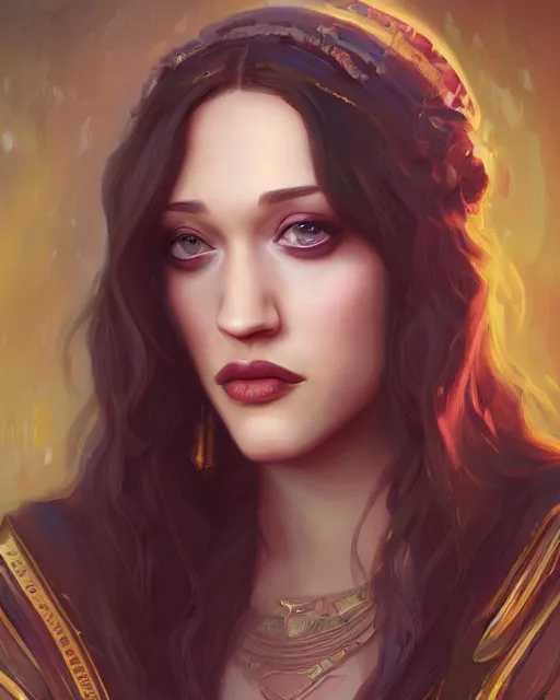 Prompt: a stunning portrait of Kat Dennings as an ancient babylonian priestess, digital art by Ross Tran and Angel Ganev, highly detailed, trending on artstationhq