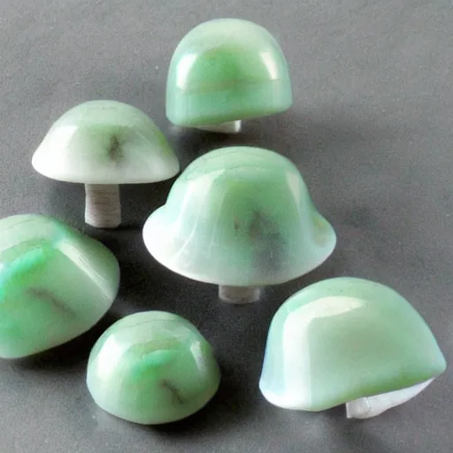 Prompt: translucent mushrooms, ice, translucent, with celadon glaze, inset with onyx, stone, moss