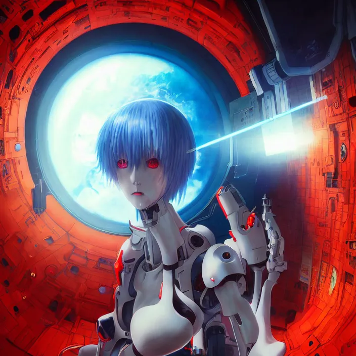 Image similar to Female Anime Character rei ayanami cyborg, giygas, epcot, inside a space station, eye of providence, Beksinski Finnian vivid Wojtek William to eye, hellscape, mind character, Environmental occlusion theme Jia, a William mans character, Artstation station female hyperdetailed with , rei ayanami