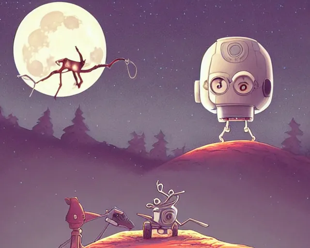 Image similar to a cell shaded cartoon grey santa! + deer robot, with a big head, on a desert road, wide shot, in front of a big moon, muted colors, post grunge, josan gonzales, wlop, by james jean, victor ngai, hq, deviantart, art by artgem