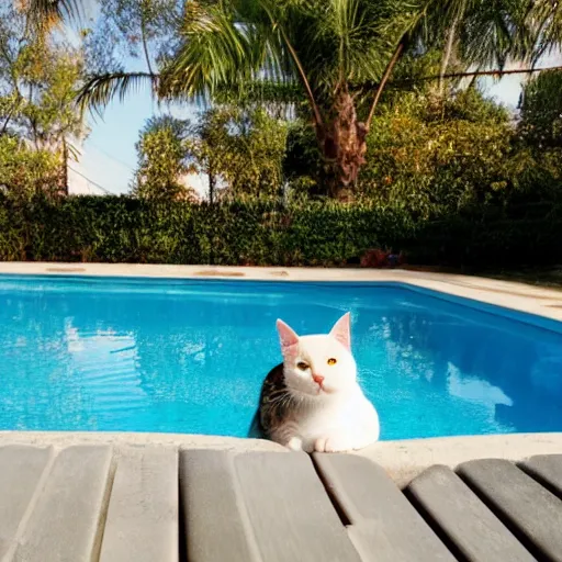 Prompt: a cat lounging by a pool