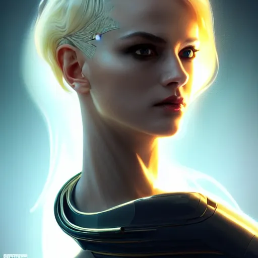 Image similar to futuristic woman android portrait, sci-fi female, striking azure eyes, face, short platinum hair tomboy, cyberpunk femme fatale, intricate, elegant alabaster skin, highly detailed gold filigree, digital painting, artstation, concept art, smooth, sharp focus, illustration, art by artgerm and greg rutkowski and alphonse mucha