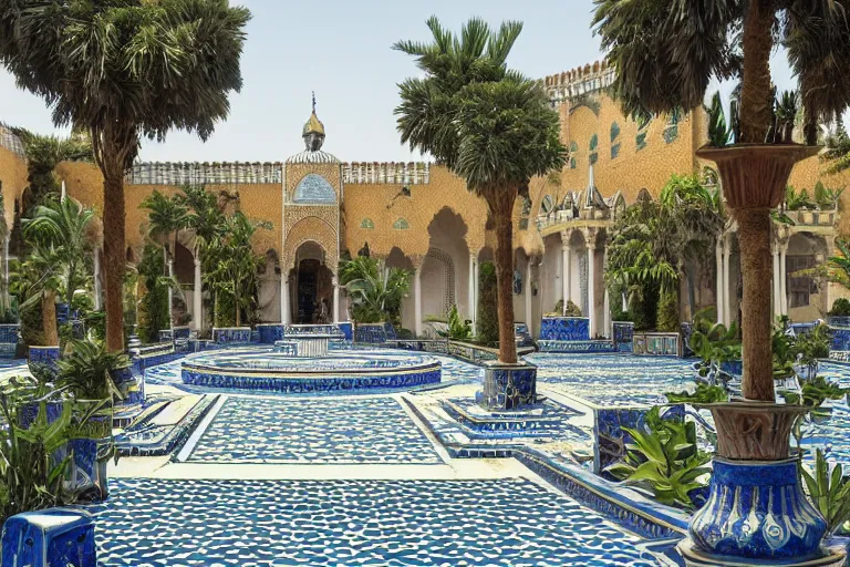 Prompt: beautiful moorish palace courtyard garden, by ludwig deutsch, patterned blue tilework, palm trees, tiled fountains, extremely detailed, dramatic lighting, smooth sharp focus