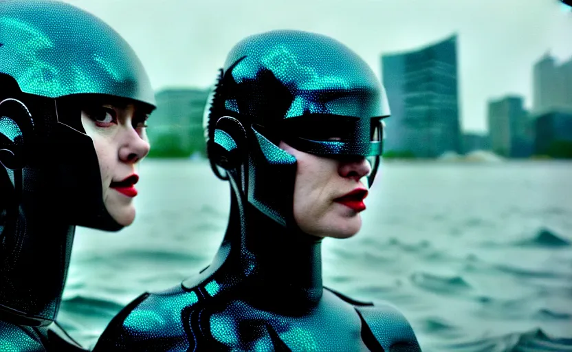 Image similar to cinestill 5 0 d candid action photographic portrait by christopher nolan of two loving female androids wearing rugged black mesh techwear in treacherous waters, extreme closeup, modern cyberpunk retrofuturism moody emotional cinematic, pouring iridescent rain, 8 k, hd, high resolution, 3 5 mm, f / 3 2, motion blur, ultra realistic faces, ex machina