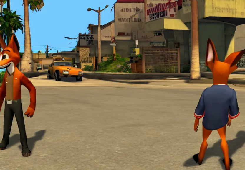 Prompt: A screenshot of Nick Wilde in GTA San Andreas.