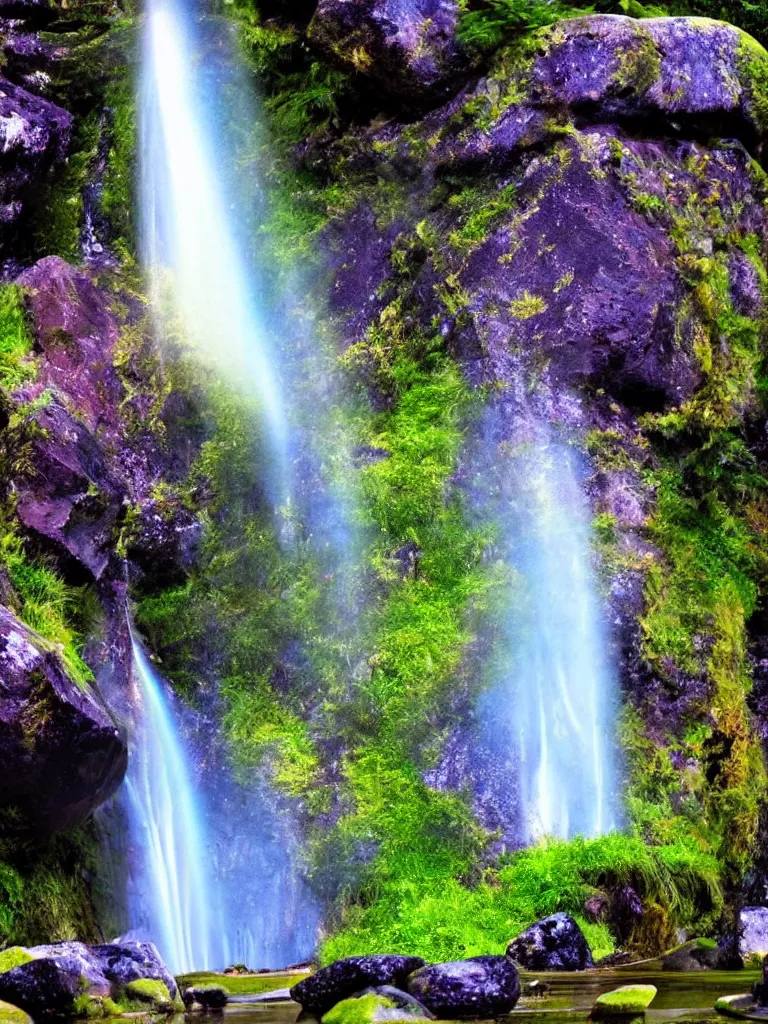 Image similar to artdeco of waterfall cascading onto rocks, small rainbow emerging in background, ethereal, beautiful scenery, detailed, amazing, glitter