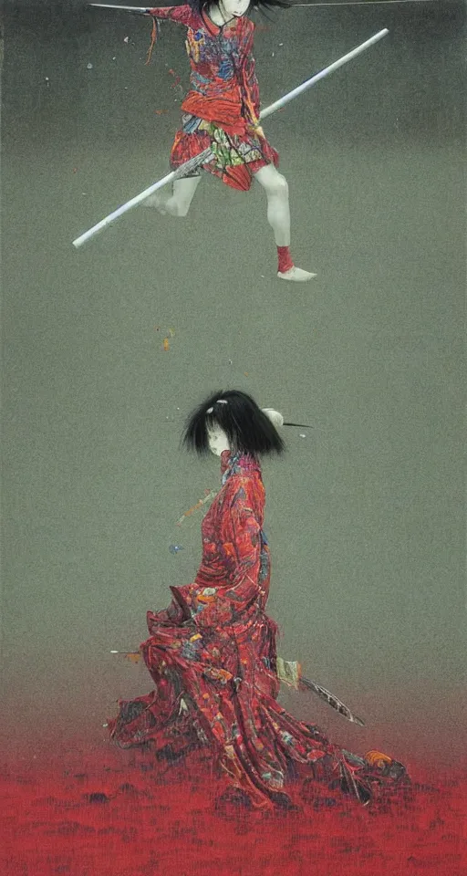 Prompt: Japanese schoolgirl runs away from Samurai with a katana on the subway, high detailed Beksinski painting, part by Adrian Ghenie and Gerhard Richter. art by Takato Yamamoto. masterpiece, deep colours, red