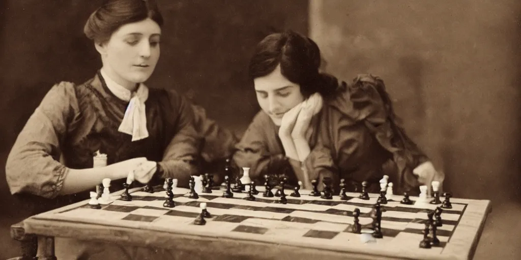 Prompt: a young edwardian woman playing chess against a rabbit