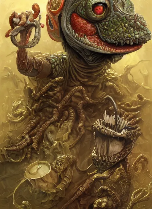 Image similar to ren and stimpy mf doom reptile eyes, metal ren and stimpy skin. intricate, elegant, highly detailed, centered, digital painting, artstation, concept art, smooth, sharp focus, illustration, artgerm, tomasz alen kopera, peter mohrbacher, donato giancola, joseph christian leyendecker, wlop, frank frazetta