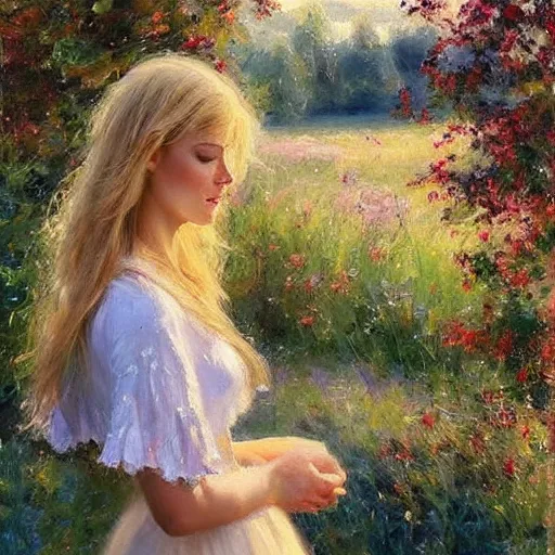 Image similar to blonde woman, dress, swedish countryside, archipelago, morning, masterpiece, highly detailed, beautiful, atmospheric, impressionism, painting by Vladimir Volegov