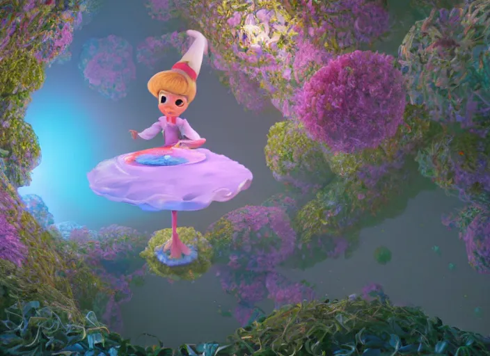 Image similar to a pixar alice from wonderland sitting on top of a non - euclidean infinite tunnel of evanescent hallucinatory images in endless mirrors that temporarily cling to a virtual node of experience called the self in an illusion called spacetime, hyperdetailed, octane render, nvidia raytracing demo