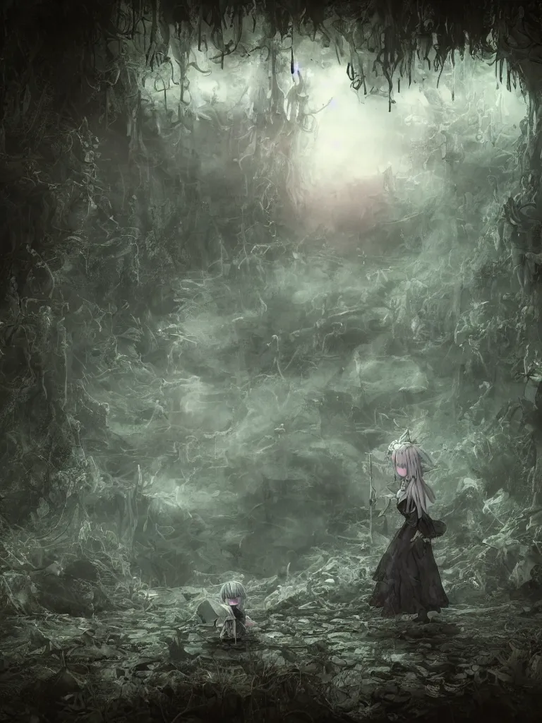 Image similar to cute fumo plush of a frail cursed witch girl wandering the depths of the forbidden jungle, gothic wraith maiden, wispy smoke and volumetric fog on the reflective surface of a pond, delapidated ruins, filmic, symmetric beauty, moonlight midnight glow, vignette, vray