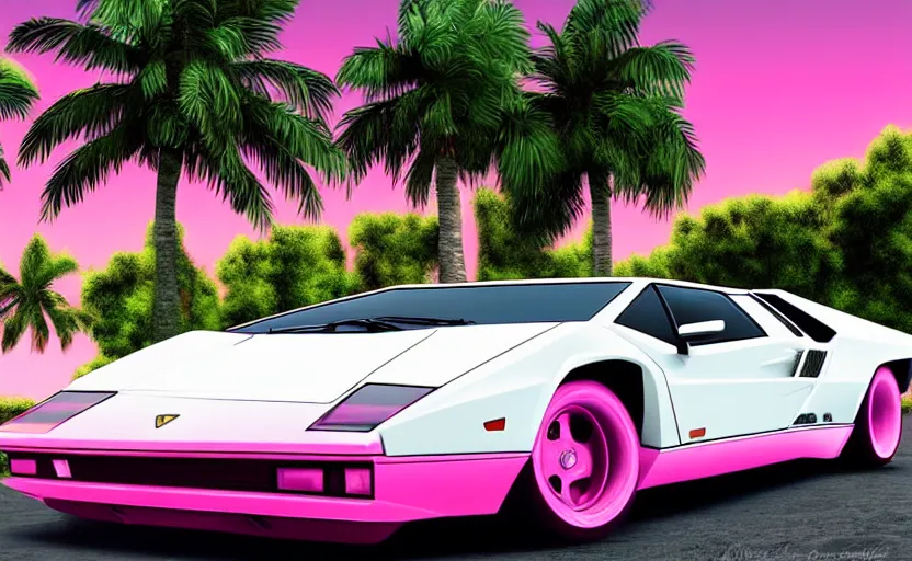 Prompt: a white lamborghini countach with open doors. palm trees and pink sky in the background. art by krzysztof tanajewski