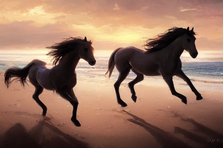 Prompt: a horse running on the beach at sunset by greg rutkowski