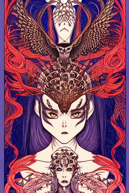 Image similar to illustration of a fire breathing woman with the head of an owl, intricate linework, in the style of moebius, ayami kojima, 1 9 9 0's anime, retro fantasy