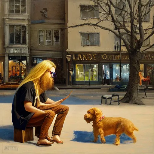 Prompt: oil painting of a young man with long hair blond and a beard hippie style with his golden retrever dog playing piano in the square for money, people watching around, by greg rutkowski, artstation