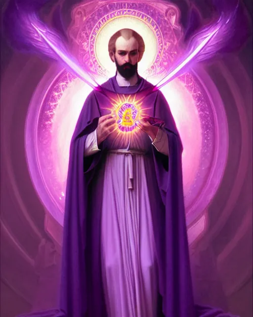 Image similar to portrait of saint germain, he is holding the violet purple indigo flame, completely violet colored, intricate, elegant, highly detailed, digital painting, artstation, concept art, smooth, sharp focus, illustration, art by artgerm and greg rutkowski and fra angelico and alphons mucha