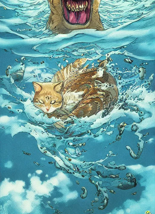 Image similar to illustration of one giant cat in the middle of the sea by miyazaki, hiroyuki kato, keisuke goto, highly detailed
