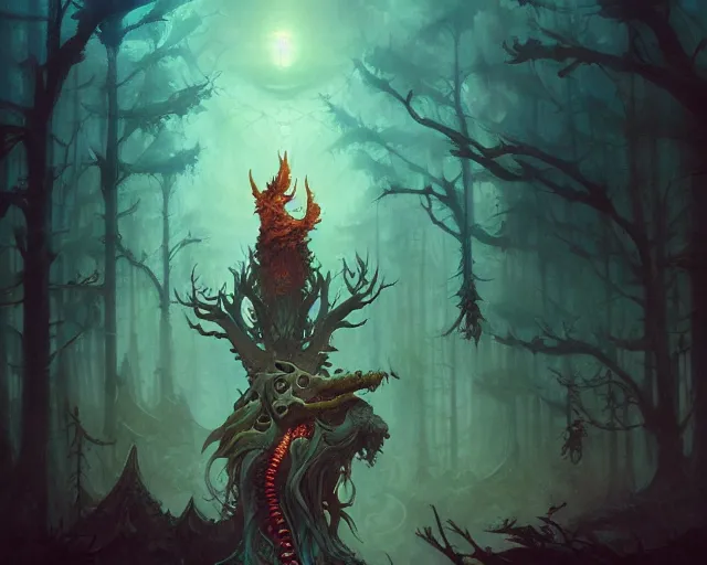 Prompt: draconic forest totem, peter mohrbacher, leiji matsumoto, dark fantasy art, intricately detailed