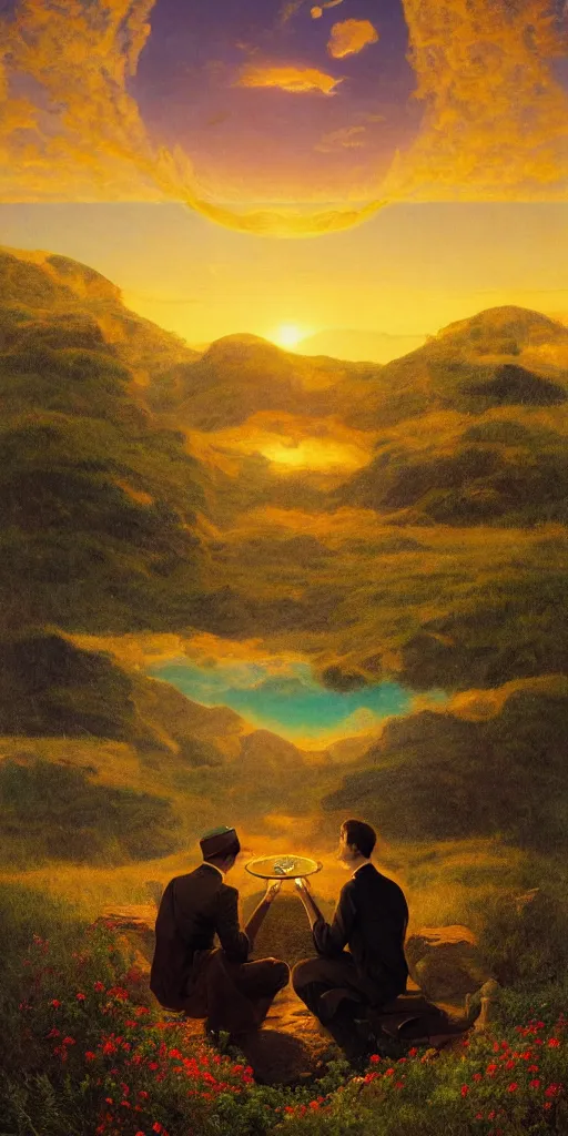 Prompt: symmetry!! smoking a joint in a surreal landscape of a dream, lucid dream, people, very detailed, serene, peaceful, golden hour, perfect lighting, perfect composition, digital art, illustration, frederic edwin church, tom white, 4 k