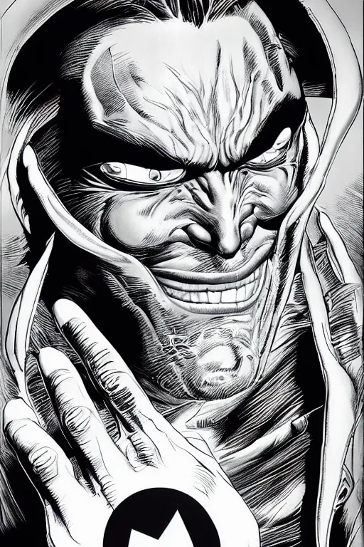 Prompt: three - quarter digital portrait of an evil smiling man by brian bolland, rachel birkett, alex ross, and neal adams | centered, deviantart, artgerm