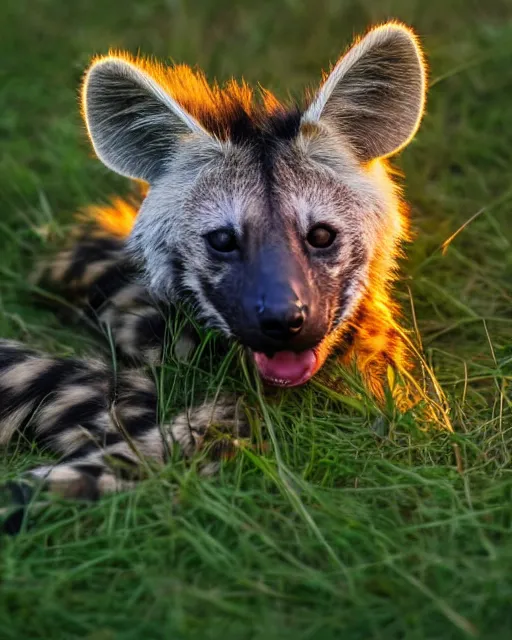 Prompt: striped hyena laying in between the grass in savannah lit by the sunset, zoomed out, shot from drone, trending on tumblr