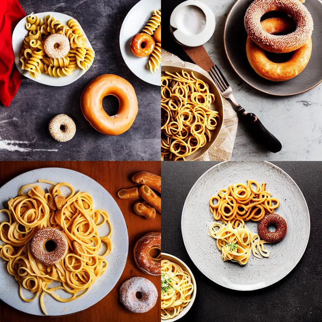 Prompt: a plate of pasta with donuts, professional food photography