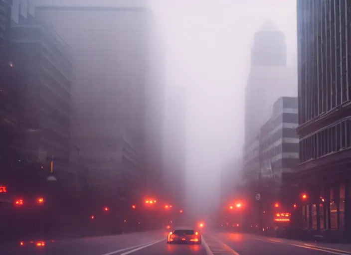 Image similar to film footage of giant michael j. fox monster in a foggy city, 8 k, 8 5 mm