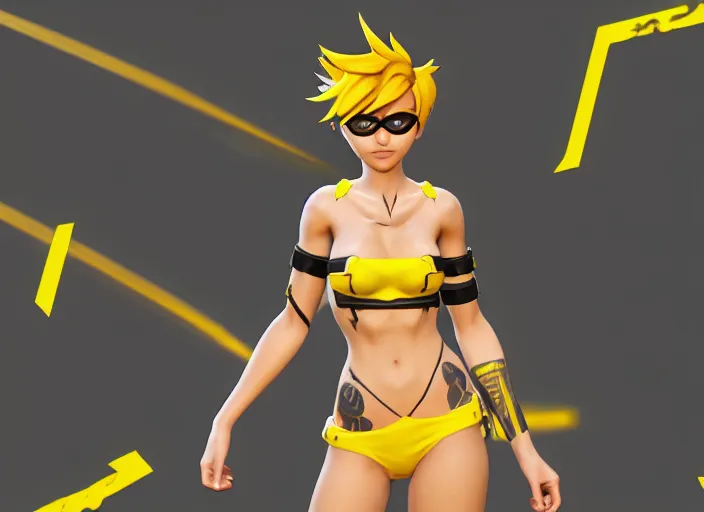 prompthunt: tracer game character, in yellow bikini thong yellow