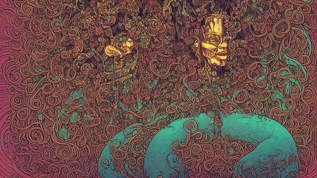 Image similar to highly detailed illustration of a mayan god growing all kinds of flowers by kilian eng, by moebius!, by oliver vernon, by joseph moncada, by damon soule, by manabu ikeda, by kyle hotz, by dan mumford, by kilian eng