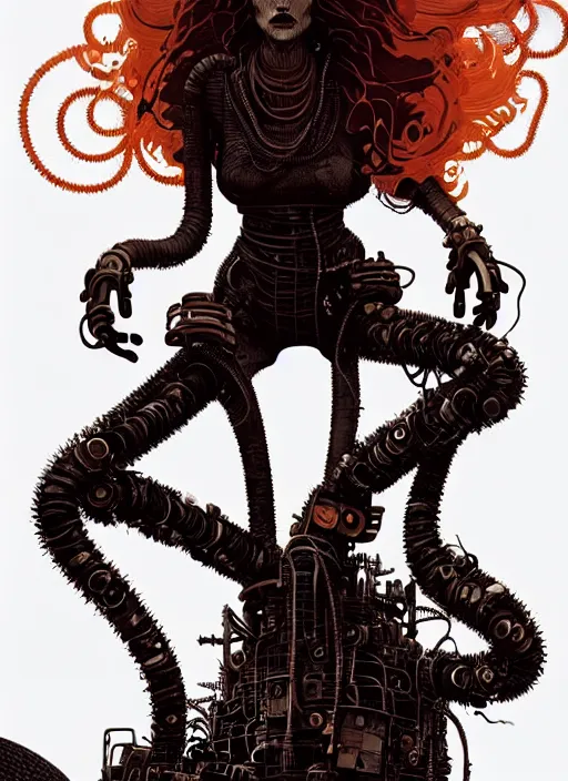 Image similar to highly detailed portrait of wasteland punk long curly fire hair tribal lady, stray wiring by atey ghailan, james gilleard, by joe fenton, by greg rutkowski, by greg tocchini, by kaethe butcher, 4 k resolution, gradient red, orange, black and white color scheme!!! ( ( flaming robotic dystopian city spiral background ) )