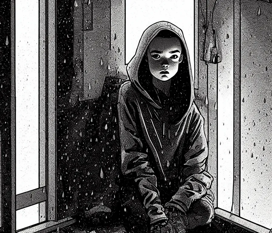 Image similar to sadie sink in hoodie sits on windowsill, knees tucked in | rain falls at night : storyboard, scifi cyberpunk. by gabriel hardman, joe alves, j. todd anderson, chris bonura. cinematic atmosphere, detailed and intricate, perfect anatomy