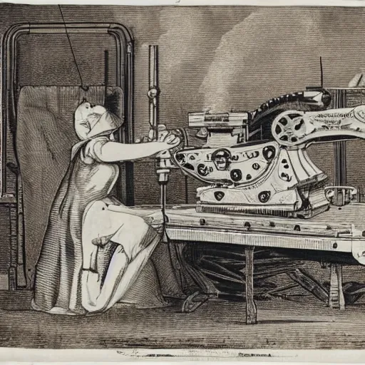 Image similar to a large mechanical machine, sewing a woman together