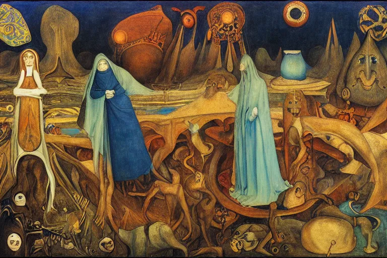 Prompt: the wake of the unseen object,by Leonora Carrington and William Dyce and ford madox brown, symbolist, dramatic lighting, elaborate geometric ornament, cool blue and green colors, Art Brut, smooth, sharp focus, extremely detailed