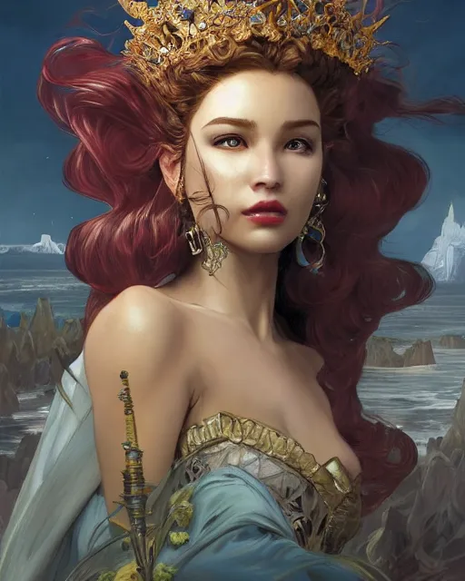 Prompt: the queen of the 7 seas, mysterious, highly detailed, digital painting, artstation, concept art, smooth, sharp focus, illustration, unreal engine 5, 8 k, art by stanley artgerm lau, wlop, rossdraws, frank frazetta, andrei riabovitchev, marc simonetti, and alphonse mucha, treanding on artstation