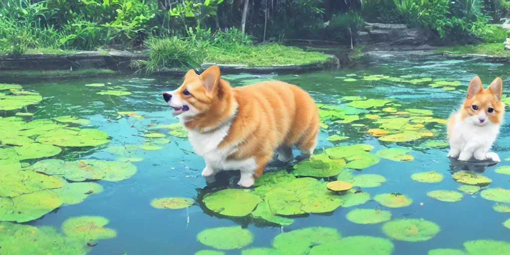 Image similar to Corgis in the pond, there is blue sky, there is water splash, there are kittens by the pond, the atmosphere is cheerful, the colors are bright, high picture quality, by Makoto Shinkai