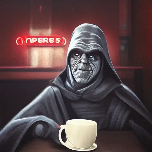 Prompt: Emperor Palpatine chilling in a coffee shop sipping on his hot steaming coffee, hyperdetailed, artstation, cgsociety, 8k
