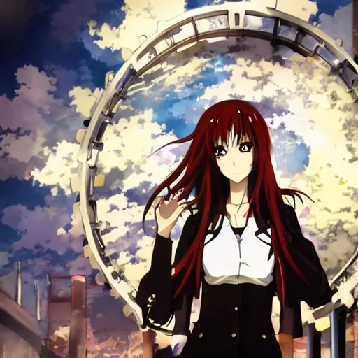 Image similar to Anime key visual of Kurisu from Steins;Gate, abstract clockwork background ,official media