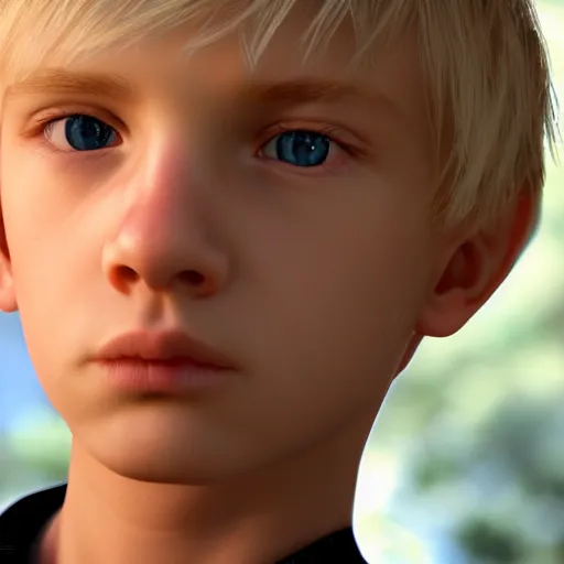 Image similar to a detailed portrait of boy with blonde hair and blue eyes, unreal engine 5 rendered, incredibly highly detailed and realistic, 8 k, sharp focus, studio quality