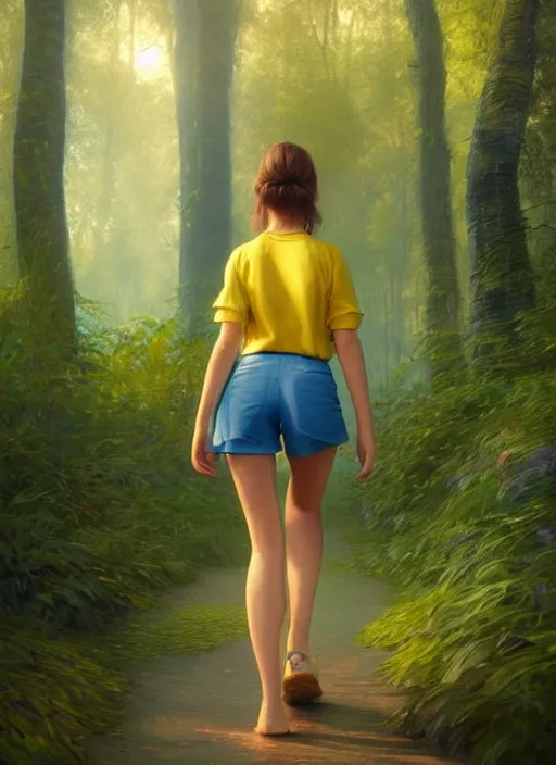 Image similar to young woman walking : : blue shorts yellow shirt : : magic raining forest nature : : weta disney pixar movie still photo : : decadent highly - detailed digital painting, full length shot, golden ratio, octane render, artstation, smooth, sharp focus, artgerm, mucha, loish, wlop, gogo