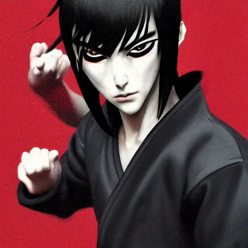 Image similar to demon martial artist, handsome japanese demon boy, young adult yokai with long spiky black hair, vampire, vantablack gi, simple clothes, red eyes, ultra realistic, intricate details, highly detailed, subsurface scattering, photorealistic, octane render, 8 k, art by artgerm, greg rutkowski, magali villeneuve, alphonse mucha