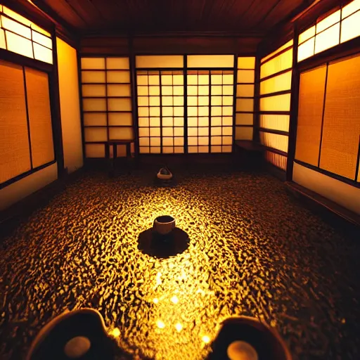 Image similar to photographed by Frans Lanting of the inside of a dimly lit cozy dark wooden Japanese house with a indoor koi pond at night raining, bonsai trees, fireflies, wild flowers, raining, night