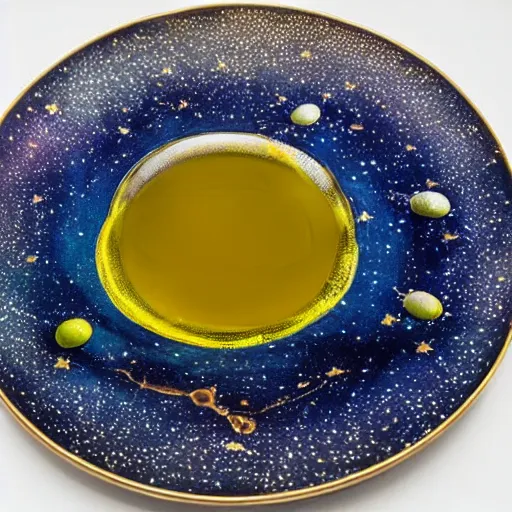 Image similar to olive oil and vinegar drizzled on a plate in the shape of the solar system, oil on canvas, intricate, 8k highly professionally detailed, HDR, CGsociety