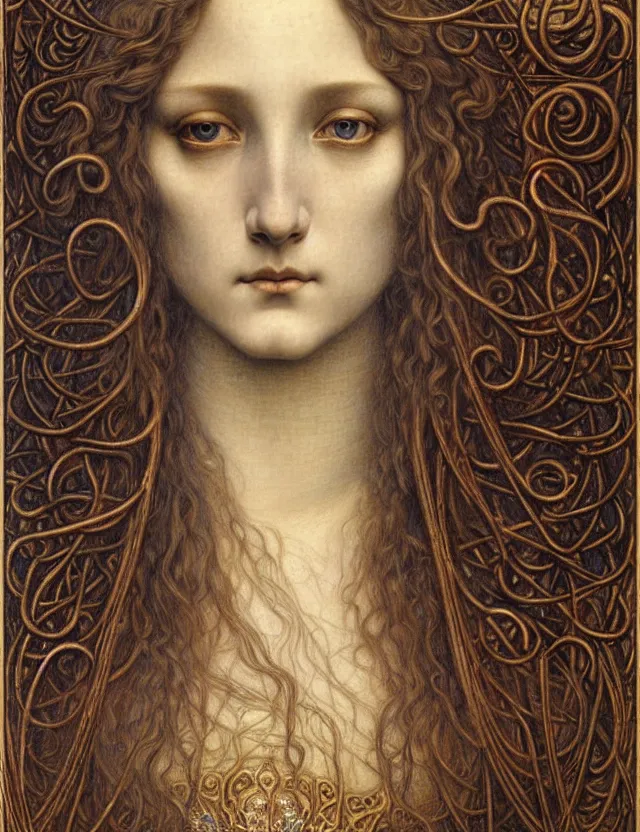 Image similar to detailed realistic beautiful young medieval queen face portrait by jean delville, gustave dore and marco mazzoni, art nouveau, symbolist, visionary, gothic, pre - raphaelite. horizontal symmetry